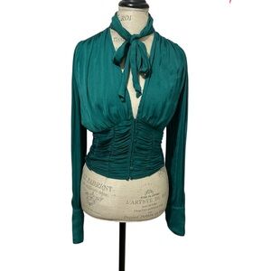 Free People Teal Ruched Blouse with Neck Tie